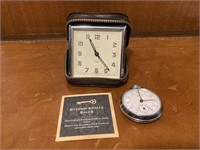 Vintage Travel Clock w Leather Case & Pocket