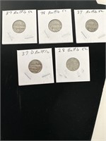 Lot of 5 Vintage Buffalo Nickels various years