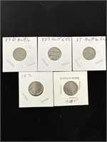 Lot of 5 Vintage Buffalo Nickels various years