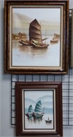 P. Wong Chinese Junk Boat Oil Paintings