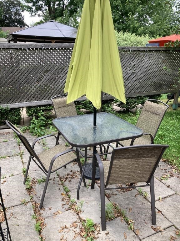 Square Glass Top Patio Table, Umbrella, 4 Chairs