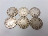 6 x 25 cents en argent canadiens 1902-1929