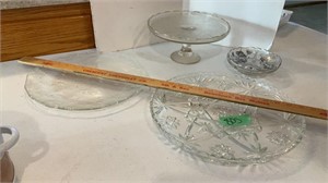 Glass cake, serving trays, and bowl
