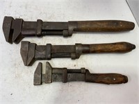 LOT OF 3 VINTAGE WOOD HANDLED PIPE WRENCHES