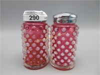 Pair Fenton cranberry opal Hobnail salt Pepper set