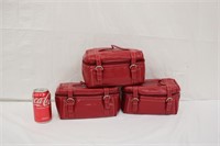 3 Red Faux Leather Travel Makeup Bags
