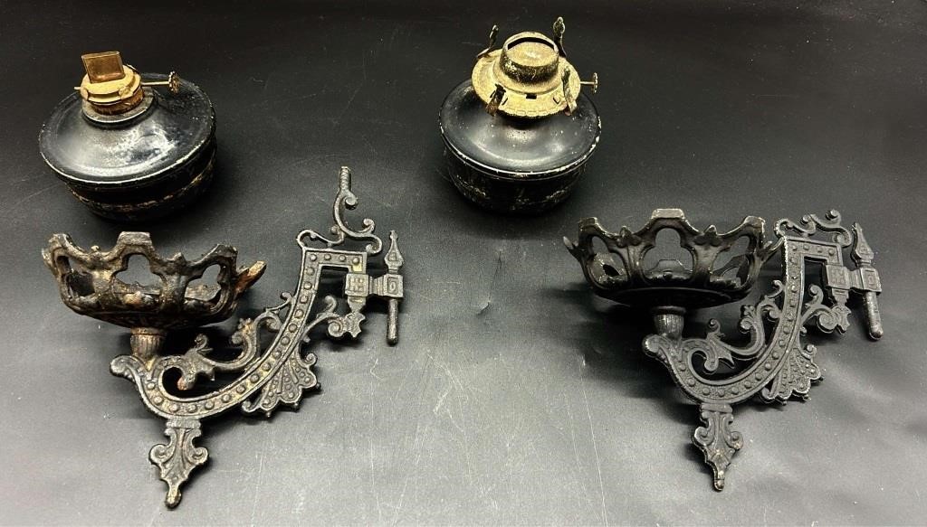 Set Of Antique Cast Iron Lamp Sconces w Orig Lamps