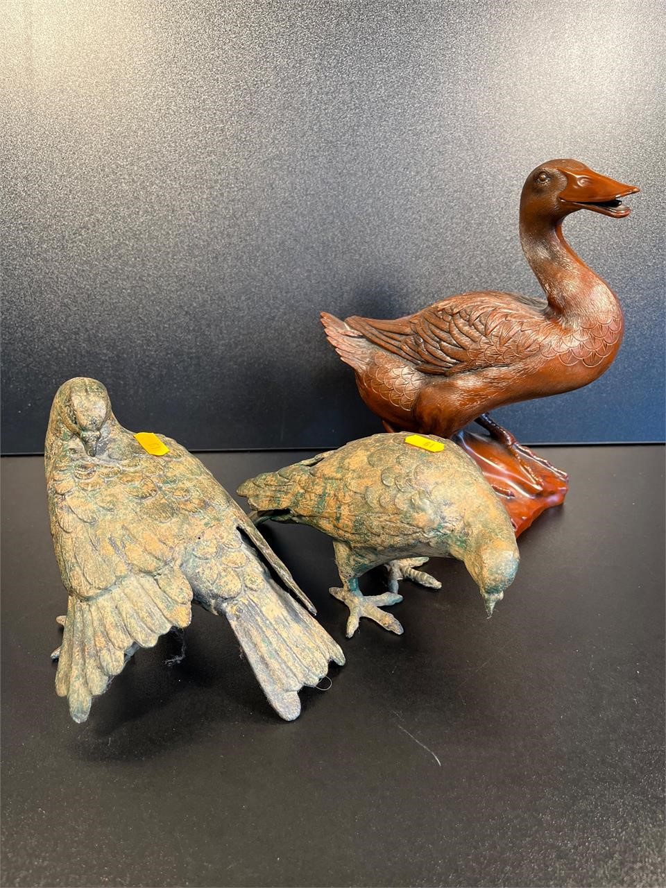 2 Metal Pigeons & A Carved Duck