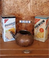 Nabisco cracker tins, copper tea kettle