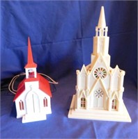 2 vintage musical lighted churches, one w/ box