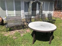 WROUGHT IRON PATIO SET- BENCH, 4 CHAIRS AND TABLE