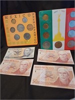 Mexico coins and Currency.   Card board displays
