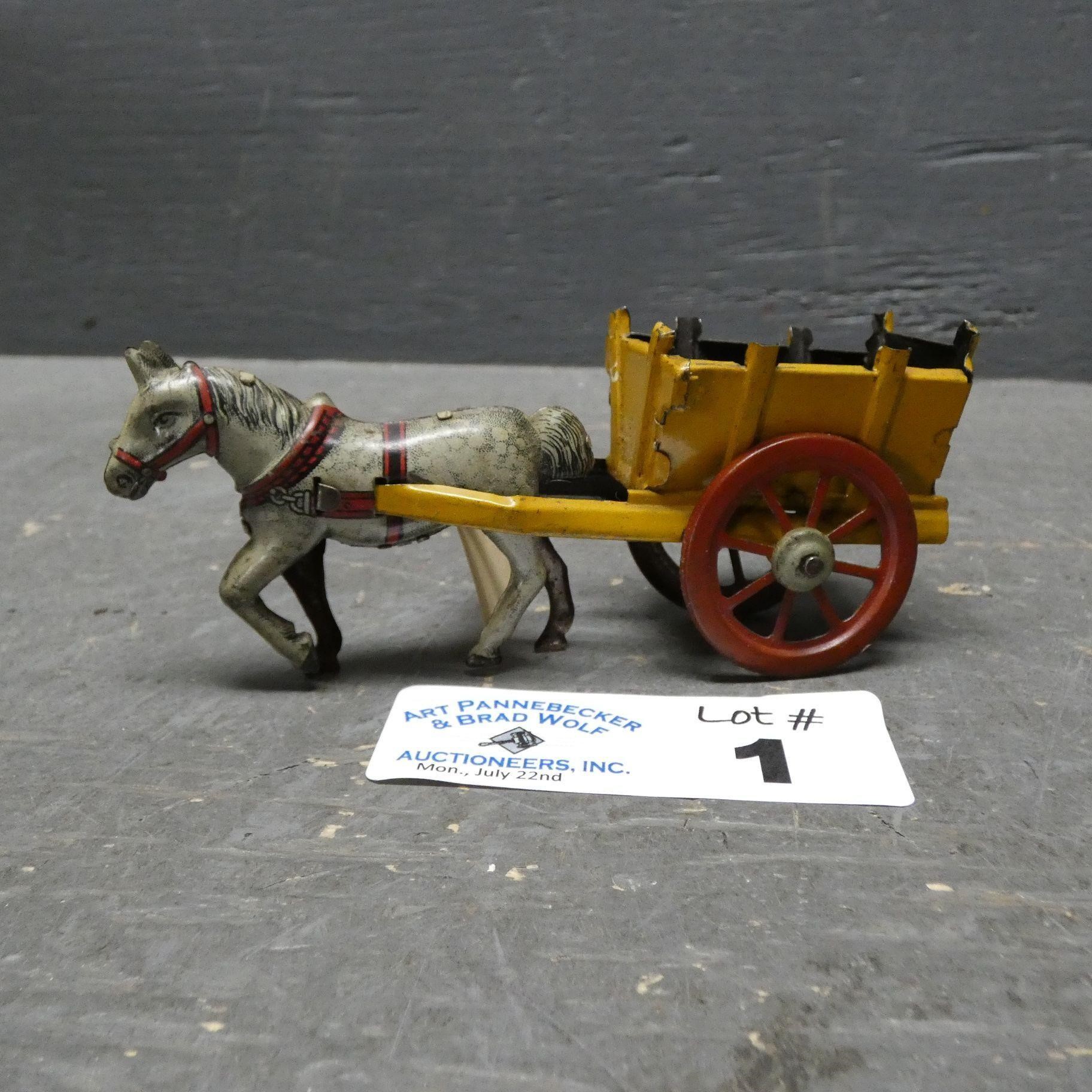 Antique German Penny Tin Litho Horse Pulling Cart