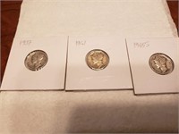 3 silver dimes Barber head 1937,1941,1945S ,CA 32