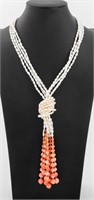 Multi-Srand Pearl Pink Coral 14K Tassel Necklace