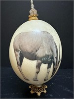 Vtg. African Decoupage Ostrich Egg - Golden Stand