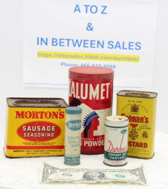 ASSORTMENT OF TINS: MORTON'S, COLMAN'S, ETC