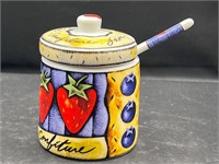 JELLY JAM JAR w/Lid & Spoon 4” Ceramic Strawberry