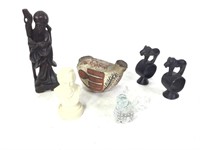Misc. Glass Bird, Carved Figure, Napkin Rings +