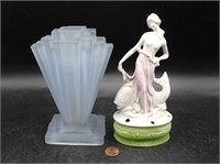Porcelain Lady/Dolphin & Art Deco Frosted Vase
