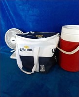 Coolers and a fan.   Corona 12 bottle cooler bag.