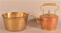 English Copper & Brass Tea Kettle and Brass Pail.