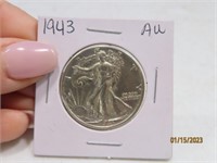 1943 AU Walking Liberty Silver Half Dollar Coin