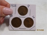 1928p/d/s 3coin Penny Sleeved Coin Set