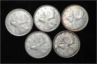 5pcs CAD Silver .25c 1953/60/63/65/66