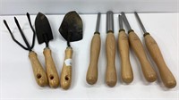 (5) piece chisel set and 3 hand gardening tools.