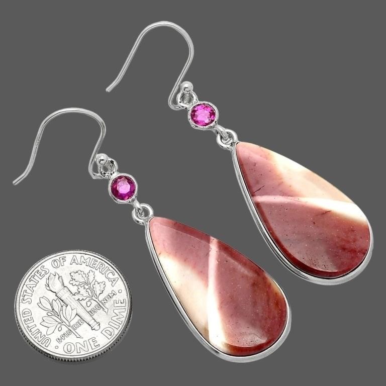 925 Sterling Silver Red Mookaite and Ruby Earrings