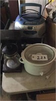 Crockpot, radio, coffee maker, oven baker
