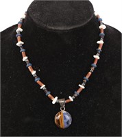 STERLING LAPIS TIGER'S EYE BEADED NECKLACE PENDANT