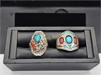 TWO STERLING NAVAJO TURQUOISE AND CORAL RINGS