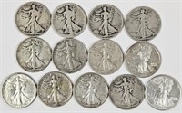 13 Walking Liberty Silver Half Dollars 20's & 30's