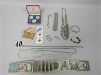 ASSORTED JEWELRY, 13 PCS. FOREIGN CURRENCY, ETC.: