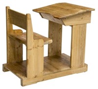CHILD'S SCHOOL HOUSE PINE DESK AND CHAIR ON BASE