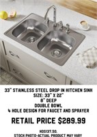 33" Stainless Steel Drop In Kitchen Sink