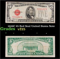 1928C $5 Red Seal United States Note Grades vf+