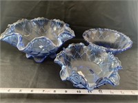 2 Blue Glass Ruffled Edge Bowls, Blue Glass Bowl