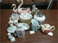 Porcelain Lot: Swans, Painted Plates, S&P, ...