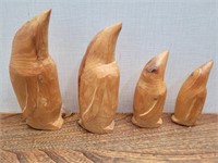 H S Hand Carved Penquins 6 1/4 5 3/4 4 1/4 3 3/4 H