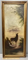 Elk in Landscape Antique Oil Painting on Canvas
