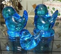 (3) Signed Bluebirds of Happiness Art Glass