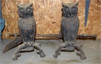 Pair of owl andirons and fire place tools