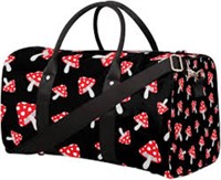 Black Overnight Bag with Red Mushrooms. Shoulder