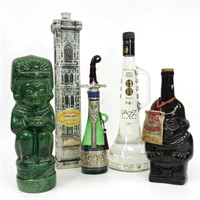 5 Novelty Decanters- 3 Filled, 2 Empty