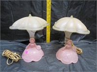 2 Vintage Pink Glass Dresser Lamps with Plastic
