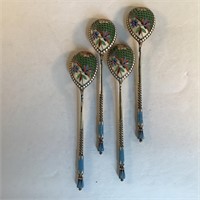 SET 4 STERLING SILVER ORNATE ENAMEL TEASPOONS