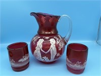 Fenton Mary Gregory Pitcher And 2 Tumblers